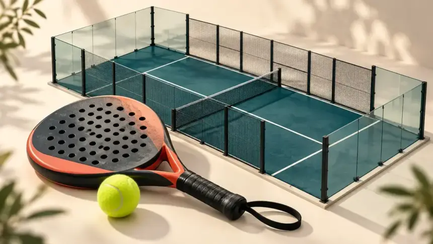 Korallinvärinen padelmaila rannelenkkeineen ja keltainen pallo lasiseinillä ympäröidyn padelkentän pienoismallin edessä.
