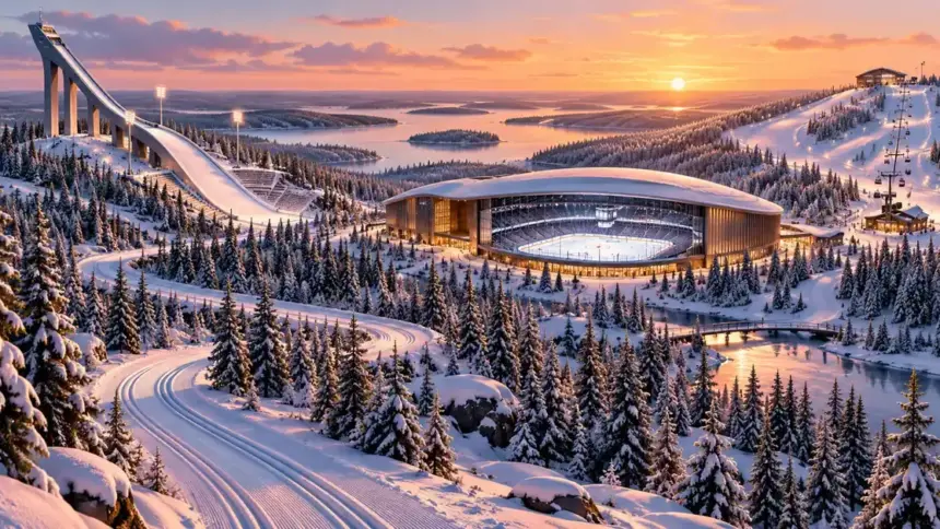 Kuvitteellinen suomalainen talviurheilumaisema, jossa lumiset hiihtoladut yhdistävät hyppyrimäen, jääareenan ja laskettelurinteet auringonlaskun valossa.